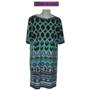 Signature Camrym Dress Scarf Print Geometric Turquoise Navy Sheath Petite 8 P